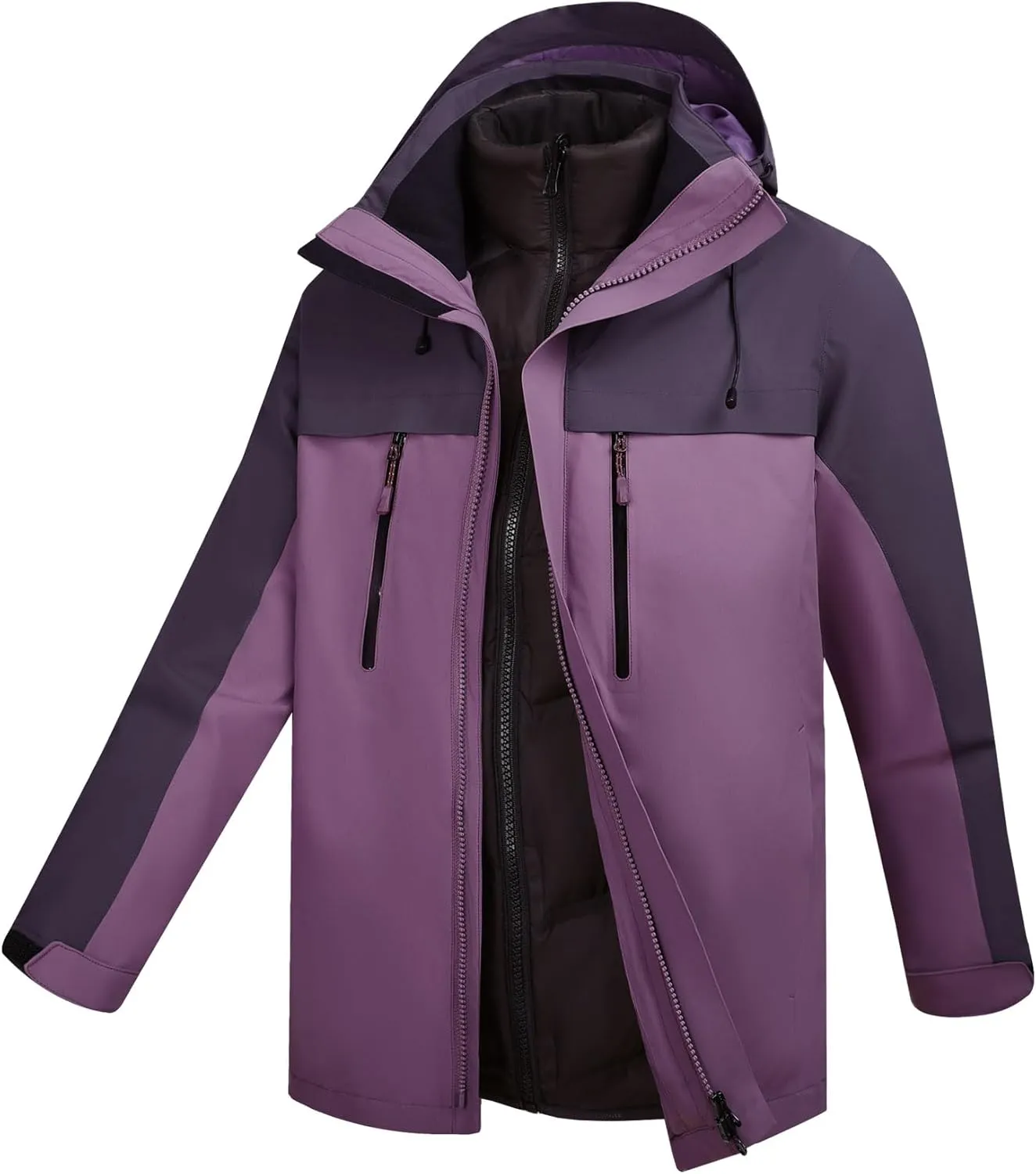Women's 3-in-1 Hooded Waterproof Jacket Rain Jacket Ski Hiking Jacket Softshell Fleece Lined