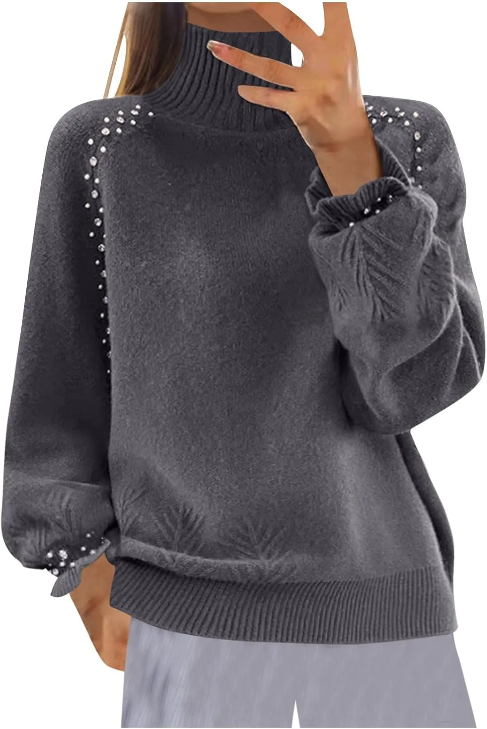 Women's Casual Sweater Turtleneck Ribbed Knitted Plush Sequined Lace Sleeves Striped Turtleneck 2024 Fall Winter Clothes