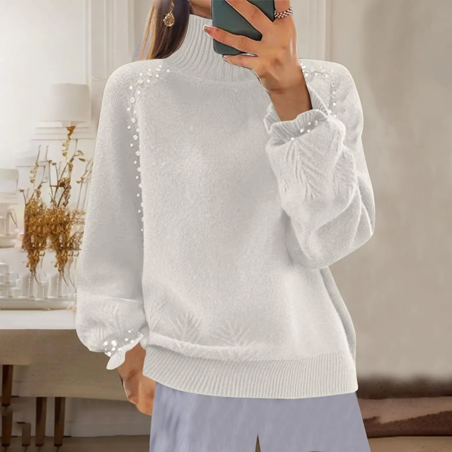 Women's Casual Sweater Turtleneck Ribbed Knitted Plush Sequined Lace Sleeves Striped Turtleneck 2024 Fall Winter Clothes