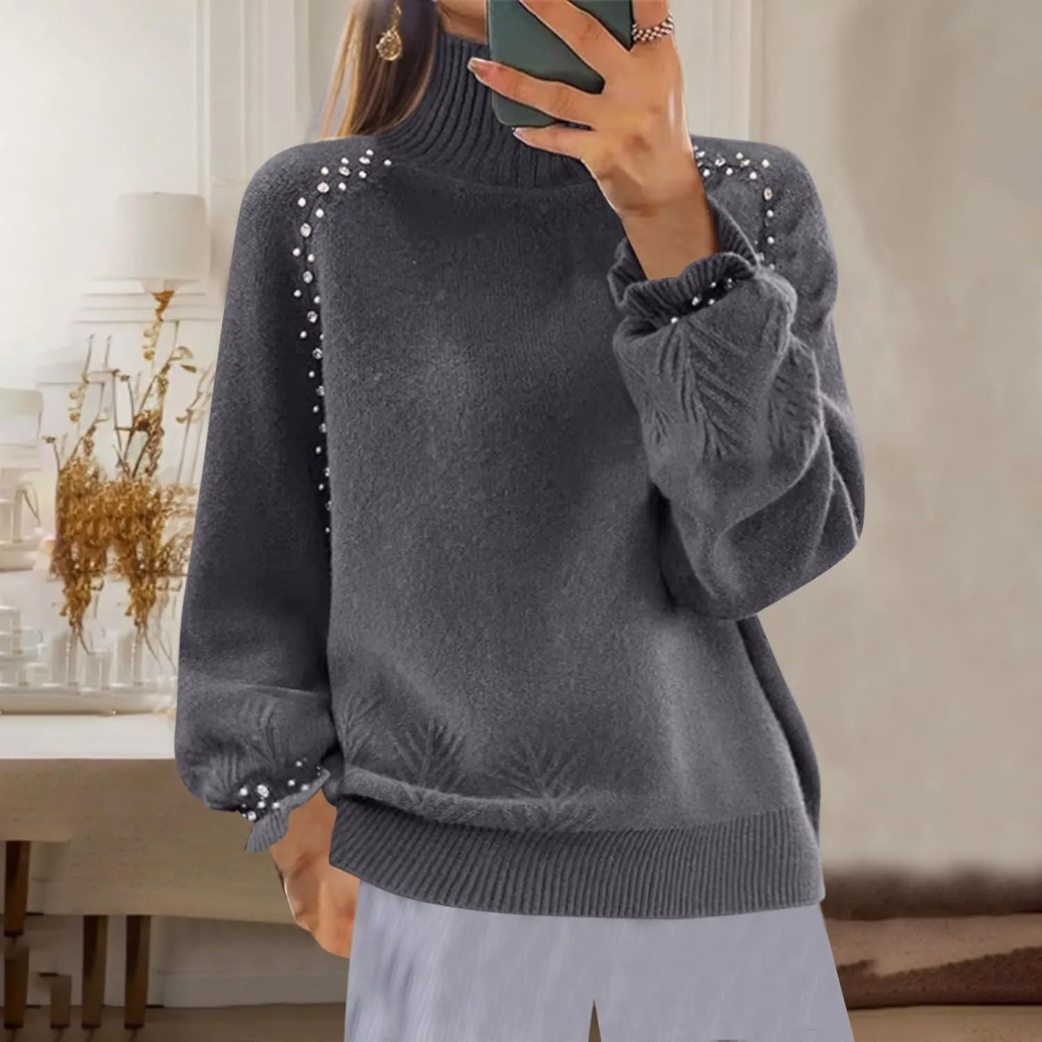 Women's Casual Sweater Turtleneck Ribbed Knitted Plush Sequined Lace Sleeves Striped Turtleneck 2024 Fall Winter Clothes