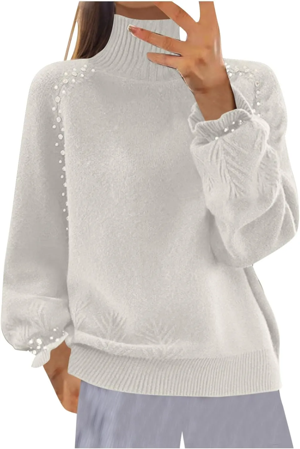Women's Casual Sweater Turtleneck Ribbed Knitted Plush Sequined Lace Sleeves Striped Turtleneck 2024 Fall Winter Clothes