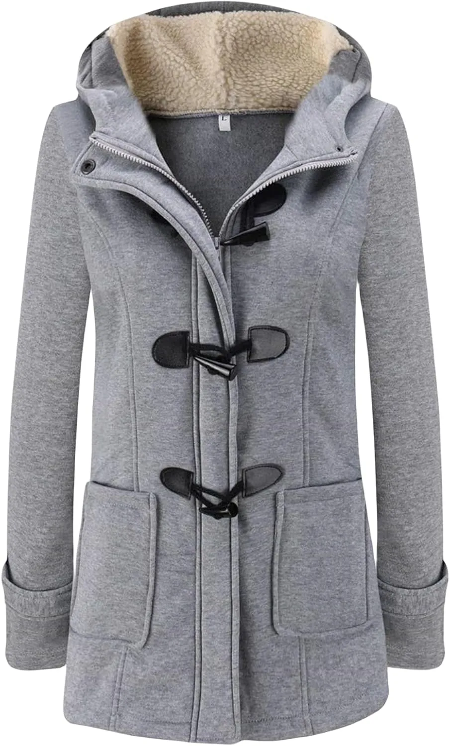 Womens Horn Button Hooded Coat Fleece Lined Thicken Jacket Outdoor Warm Wool Blended Classic Pea Coat with Pockets