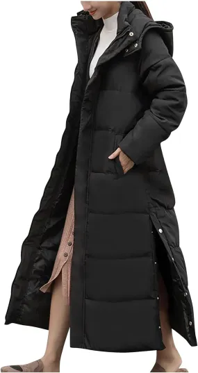 Womens Lightweight Winter Coat Puffer Jacket Thickened Wram Down Coats Hooded Parka Side Slit Buttons Long Quilted Coat