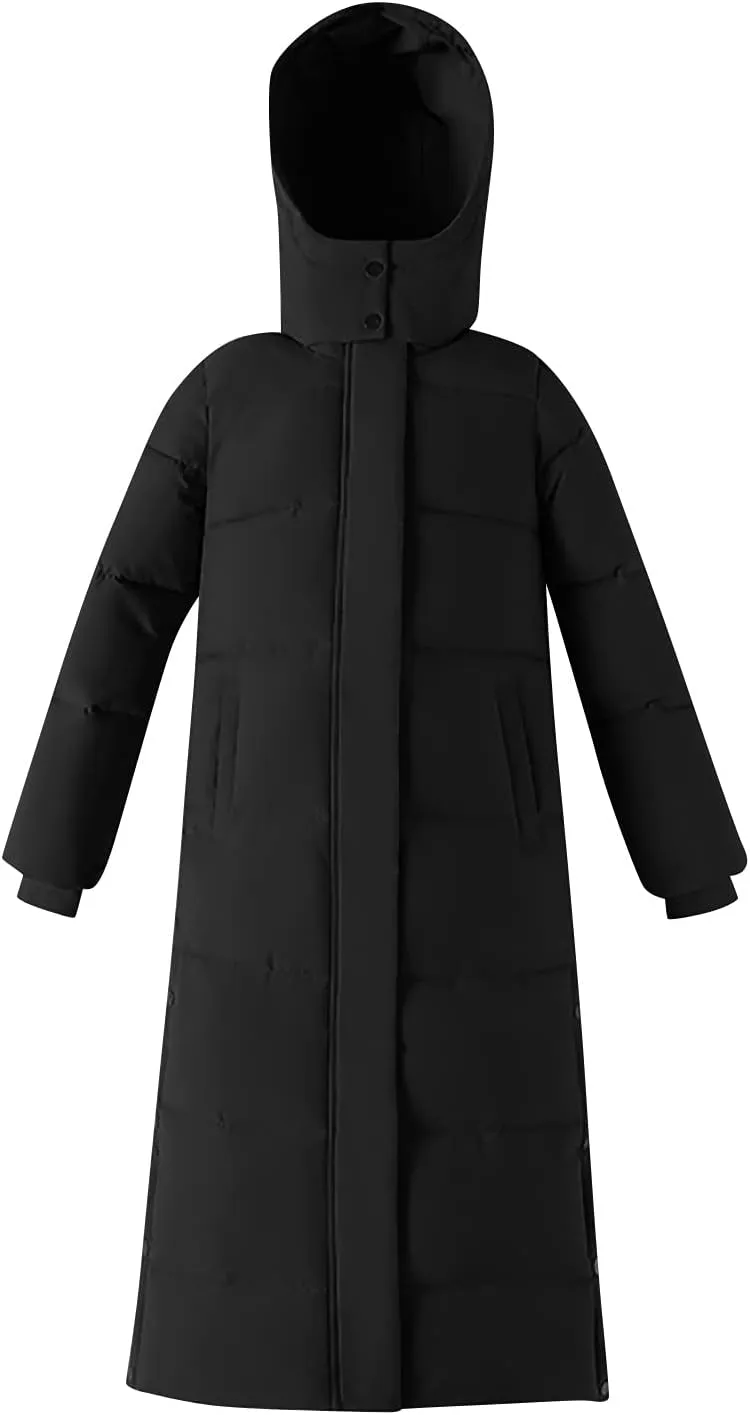 Womens Lightweight Winter Coat Puffer Jacket Thickened Wram Down Coats Hooded Parka Side Slit Buttons Long Quilted Coat