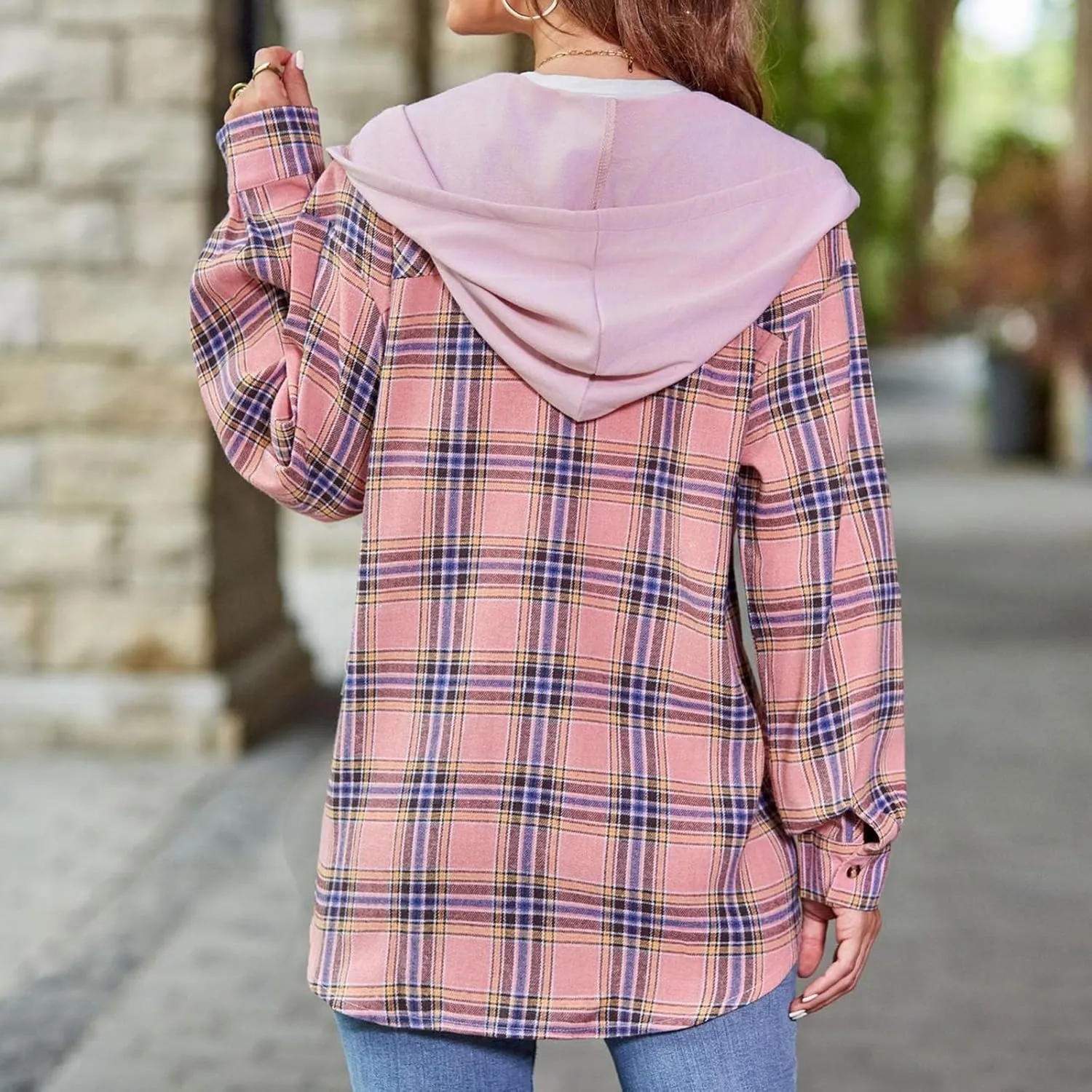 Womens Plaid Hooded Jacket Oversized Long Sleeve Button Down Flannel Shirts Boyfriend Casual Blouse Tops