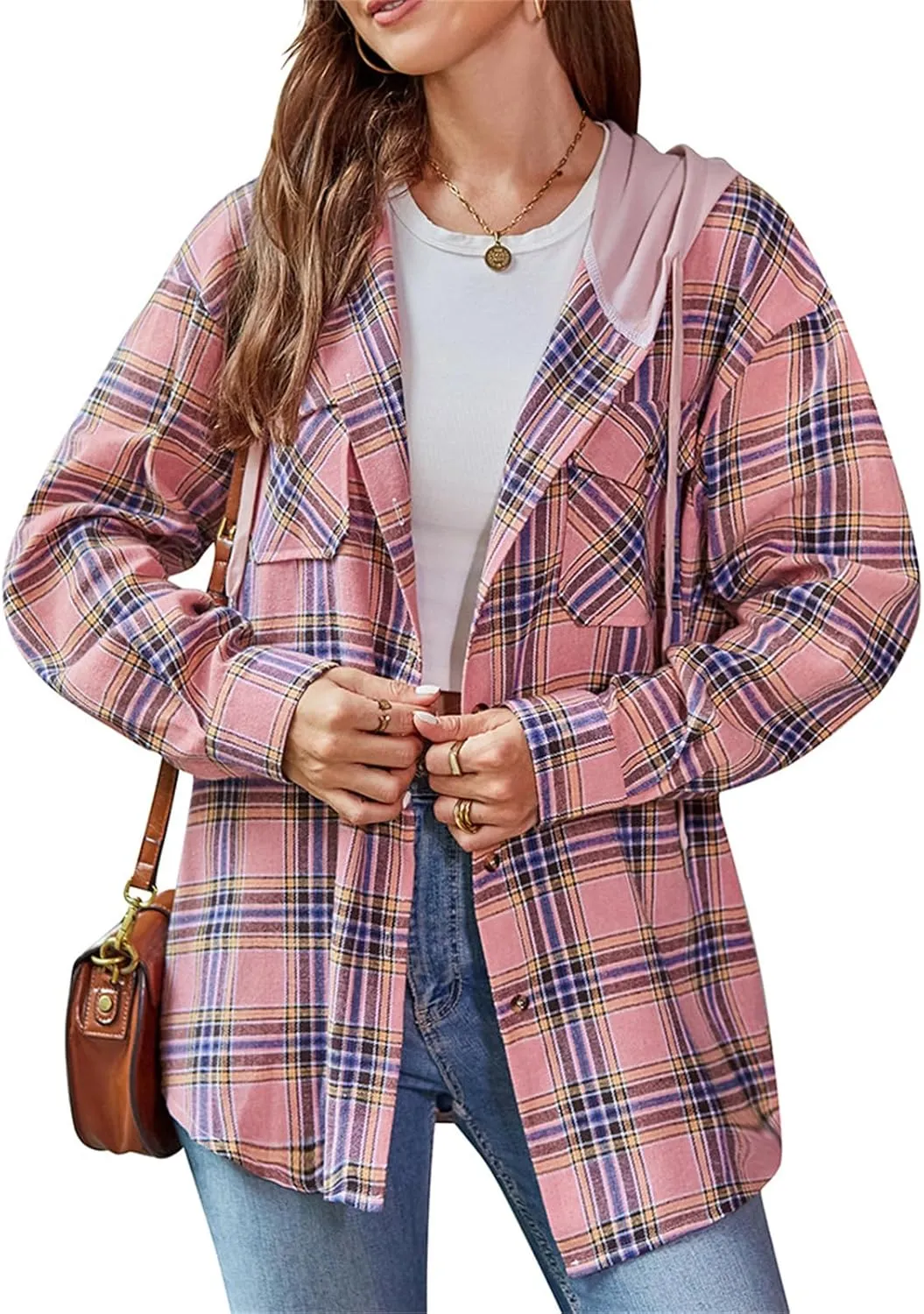 Womens Plaid Hooded Jacket Oversized Long Sleeve Button Down Flannel Shirts Boyfriend Casual Blouse Tops