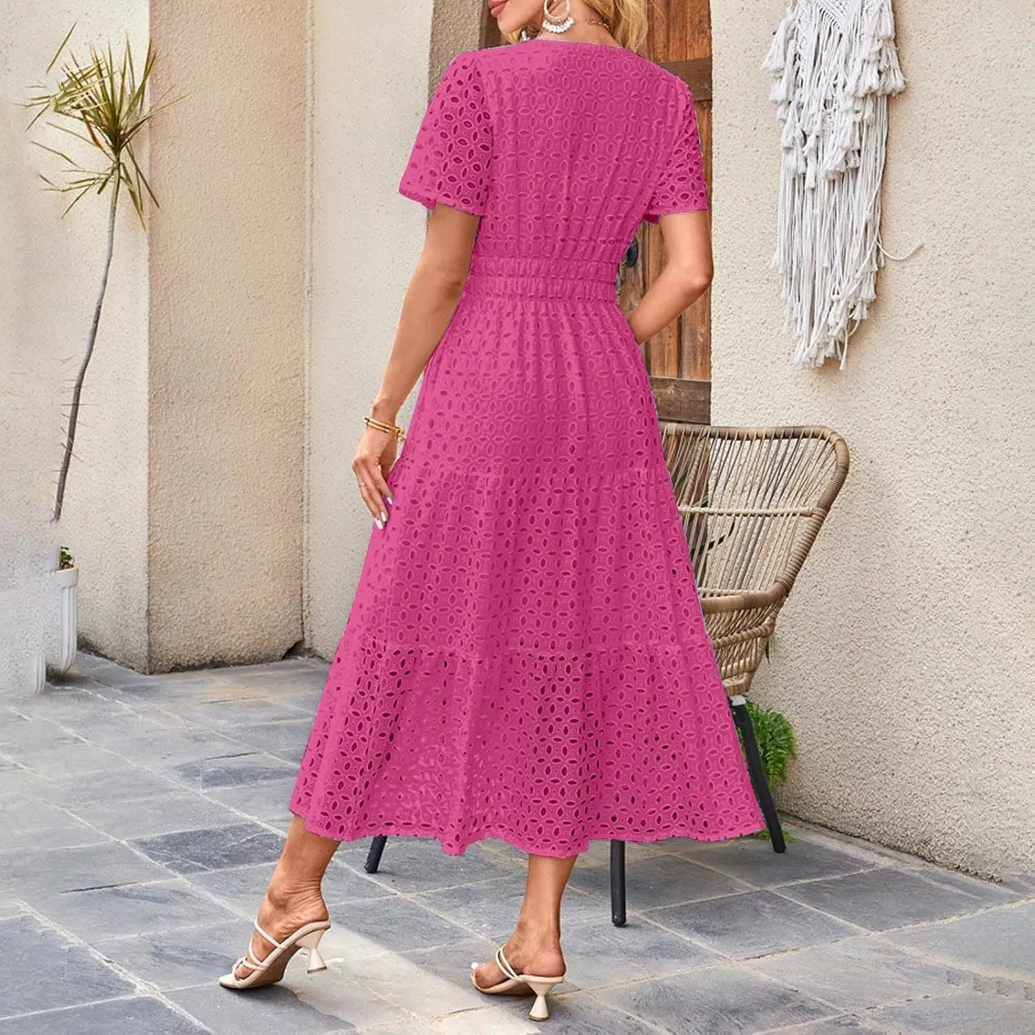 Women's Vintage Hollow Out Dress Elegant Slimming Waist Dresses V Neck Flowy Hem Short Sleeve Maxi Skirt Daily Working