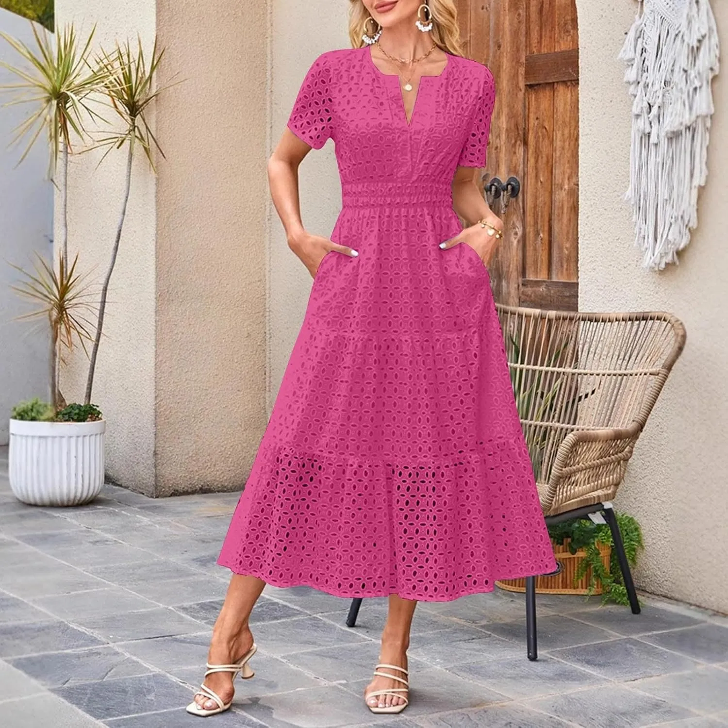 Women's Vintage Hollow Out Dress Elegant Slimming Waist Dresses V Neck Flowy Hem Short Sleeve Maxi Skirt Daily Working