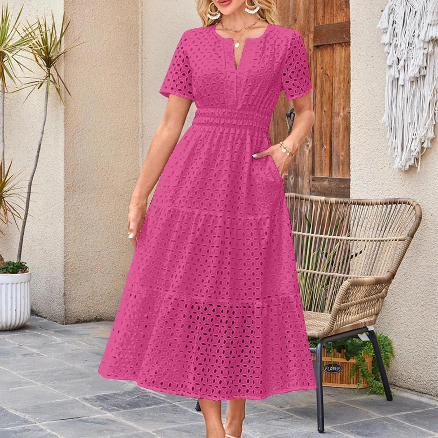 Women's Vintage Hollow Out Dress Elegant Slimming Waist Dresses V Neck Flowy Hem Short Sleeve Maxi Skirt Daily Working