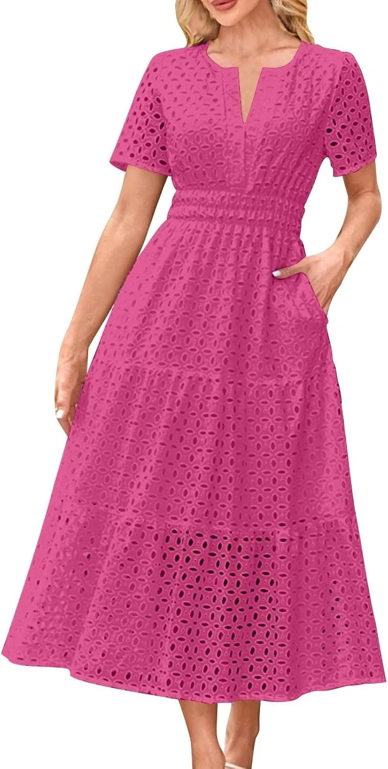 Women's Vintage Hollow Out Dress Elegant Slimming Waist Dresses V Neck Flowy Hem Short Sleeve Maxi Skirt Daily Working