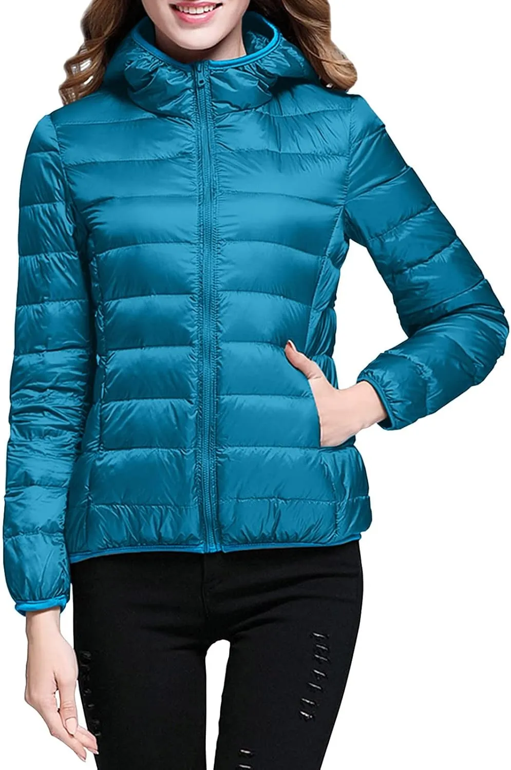 Womens Winter Cropped Jackets Packable Lightweight Solid Color Casual Puffer Jacket Warm Zip Up Hooded Quilted Down Jacket