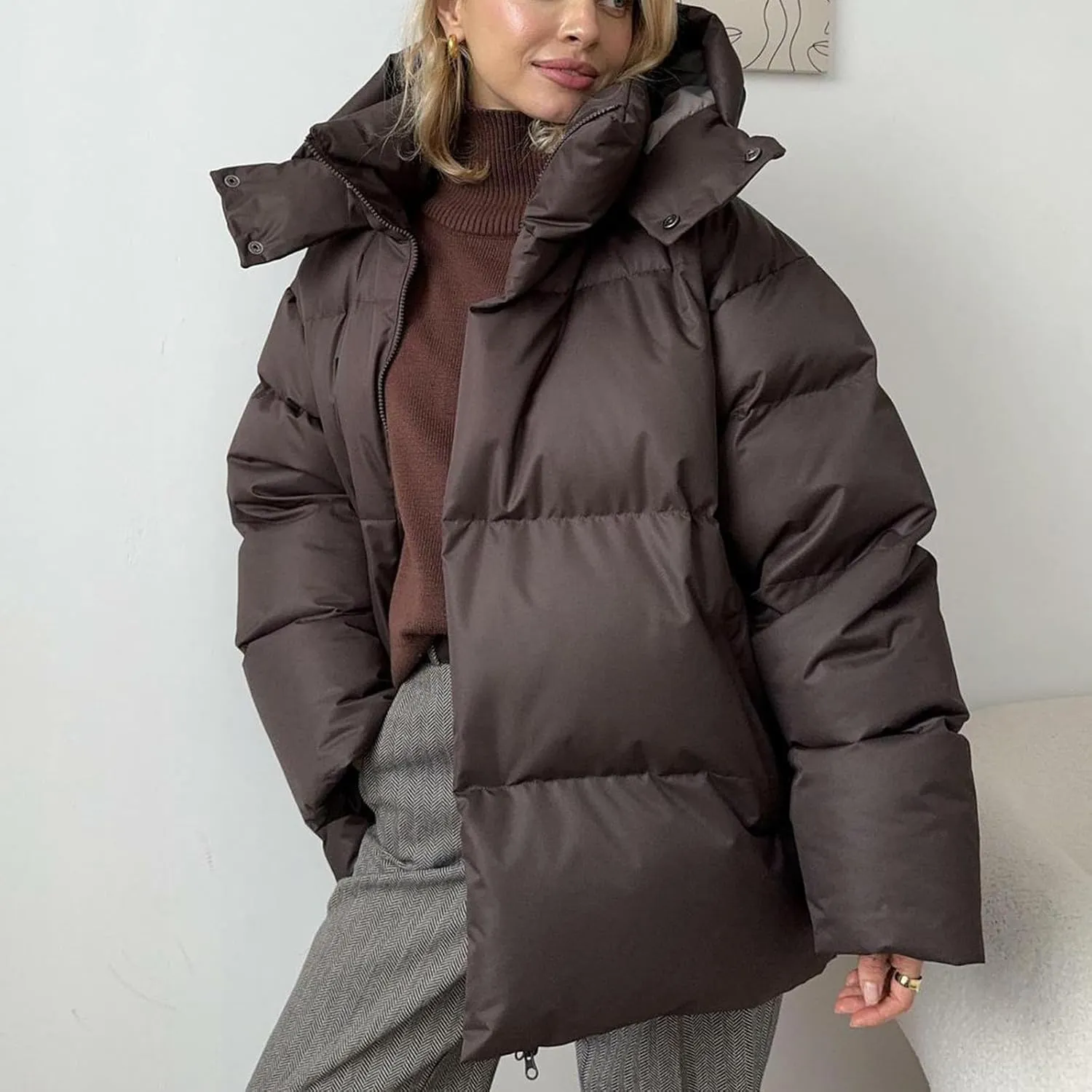 Womens Winter Hooded Oversized Puffer Jacket Zip up Quilted Padded down Jackets Winter Quilted Warm Outdoor Ski Coat