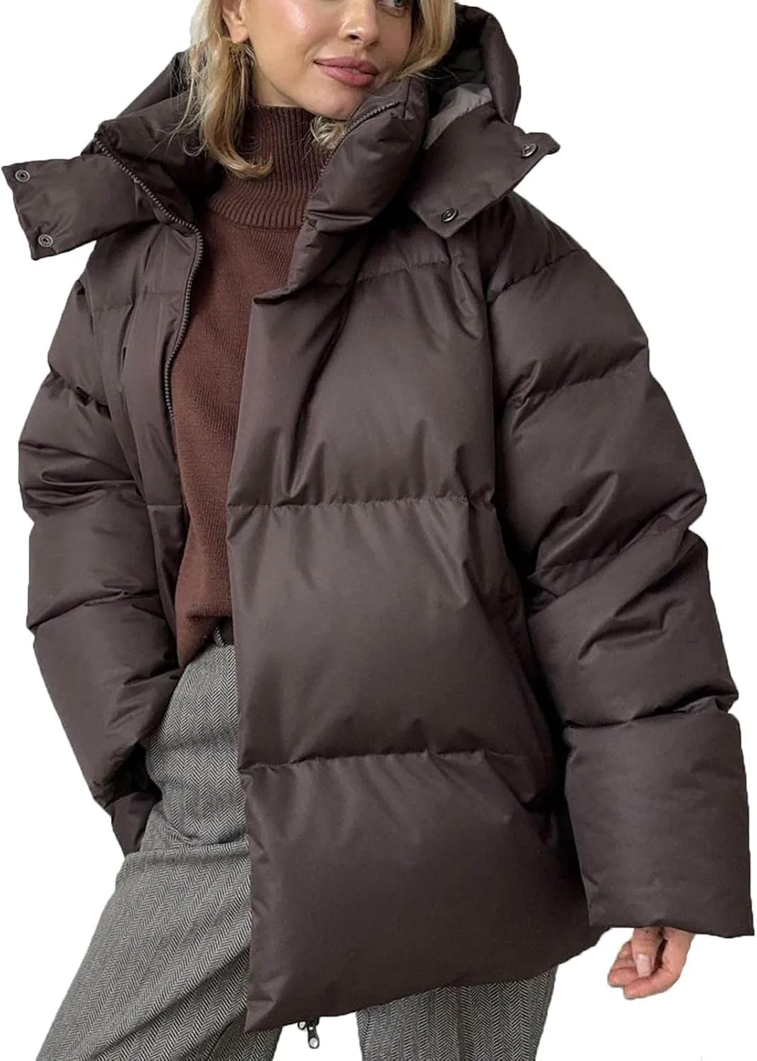 Womens Winter Hooded Oversized Puffer Jacket Zip up Quilted Padded down Jackets Winter Quilted Warm Outdoor Ski Coat