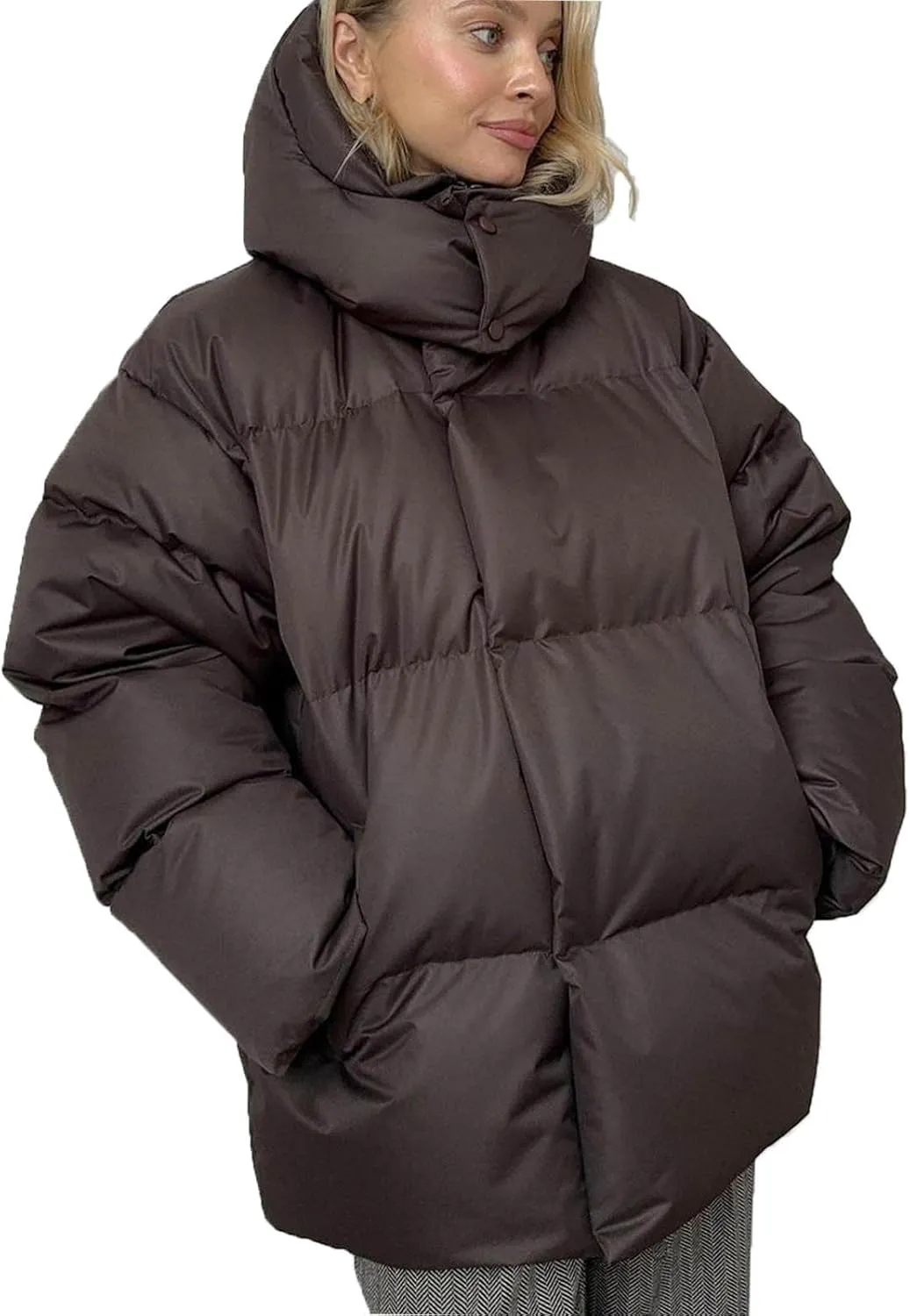 Womens Winter Hooded Oversized Puffer Jacket Zip up Quilted Padded down Jackets Winter Quilted Warm Outdoor Ski Coat
