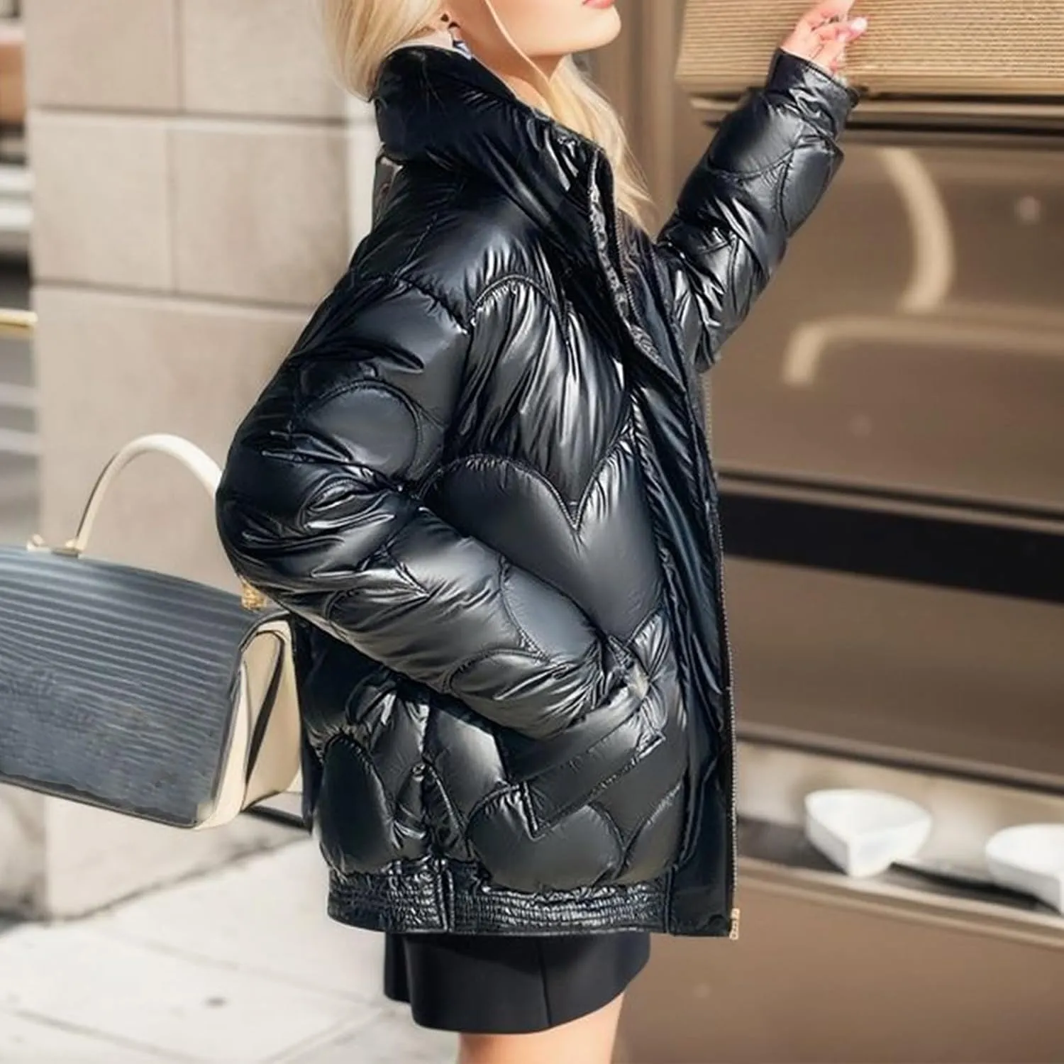 Women's Winter Stand Collar Coat Puffer Jacket Baggy Short Padded Down Coats Long Sleeve Full Zip Quilted Jackets