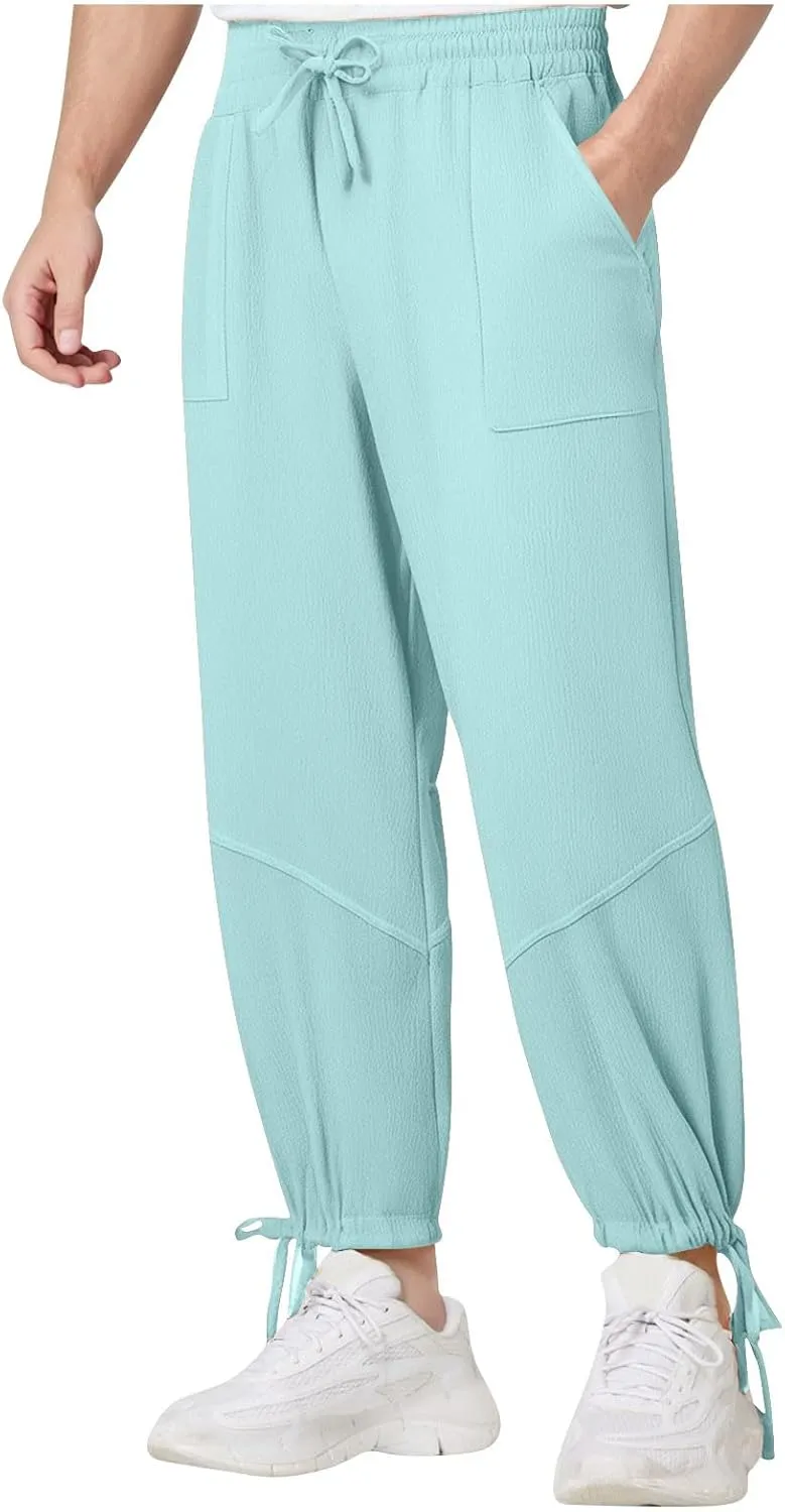 Xiaojmake Mens Capri Pants Drawstring Linen Harem Pants Casual Lounge Baggy Ankle Beach Travel Vacation Joggers with Pockets